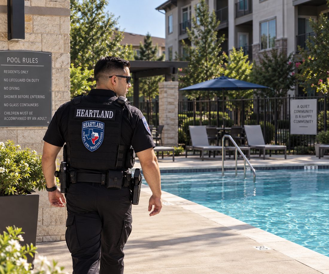 Heartland officer on foot patrol beside a community pool