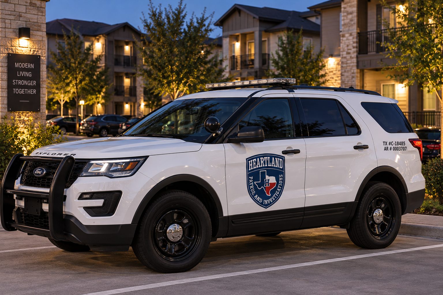 Heartland Patrol vehicle parked at a multi-family community at dusk